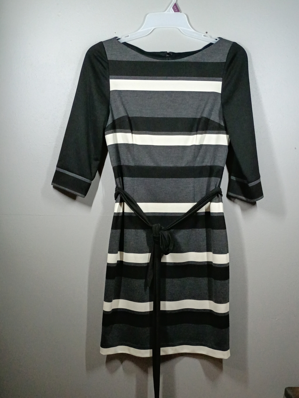 White House Black Market Black, Gray & White Striped Belted Dress Size 10